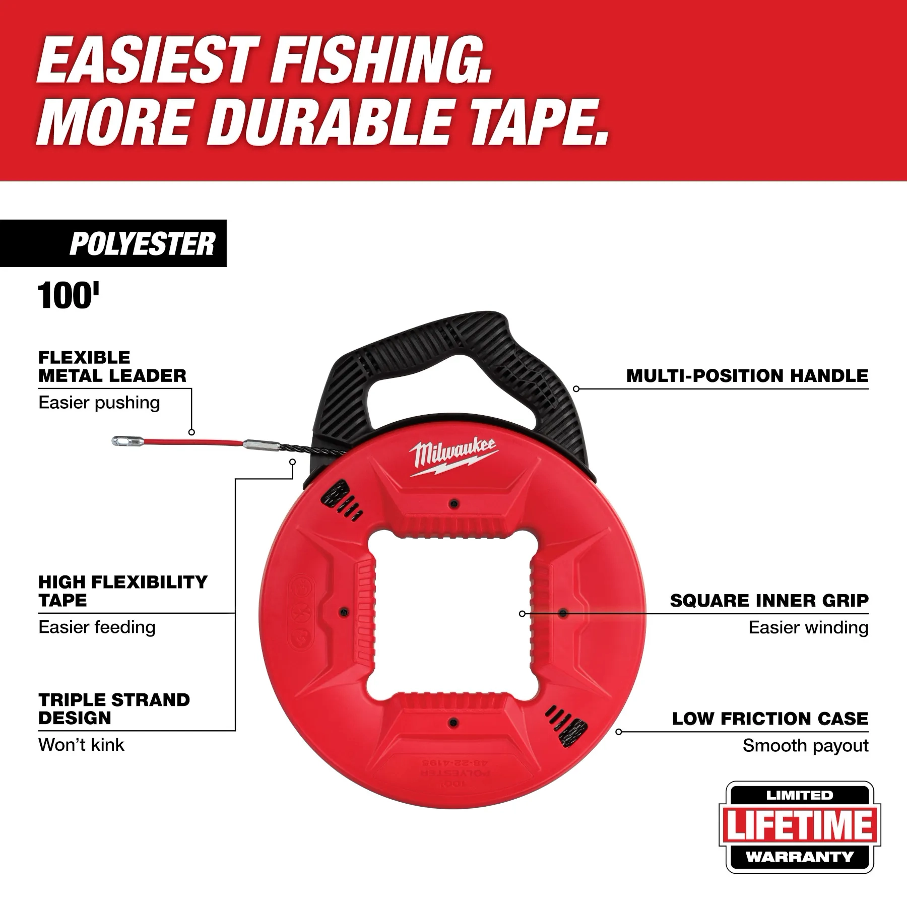 100' Polyester Fish Tape w/ Flexible Metal Leader
