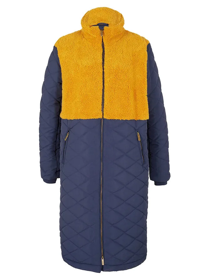 ABRIGO GUATEADO CON INSERTO DE PELUCHE AZUL MARINOCAMEL
