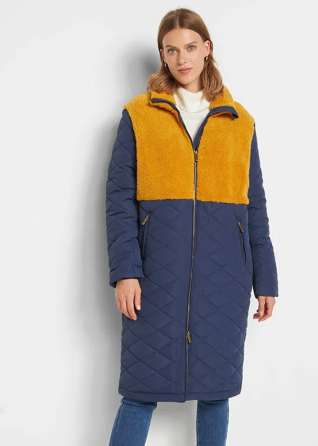 ABRIGO GUATEADO CON INSERTO DE PELUCHE AZUL MARINOCAMEL