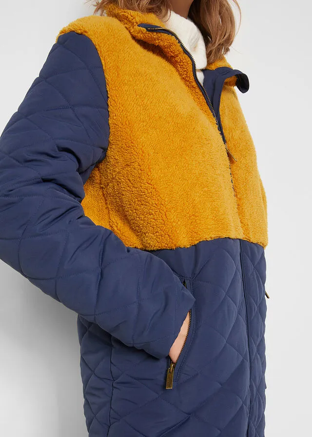 ABRIGO GUATEADO CON INSERTO DE PELUCHE AZUL MARINOCAMEL