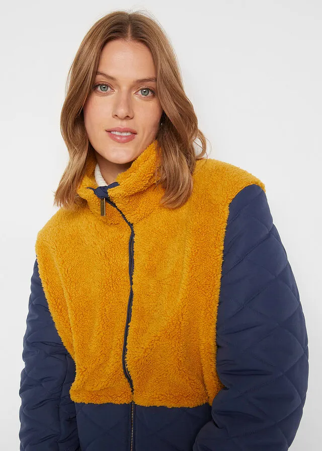 ABRIGO GUATEADO CON INSERTO DE PELUCHE AZUL MARINOCAMEL