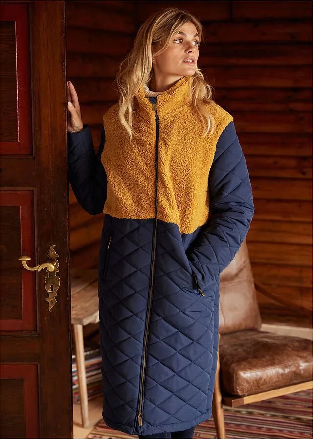 ABRIGO GUATEADO CON INSERTO DE PELUCHE AZUL MARINOCAMEL