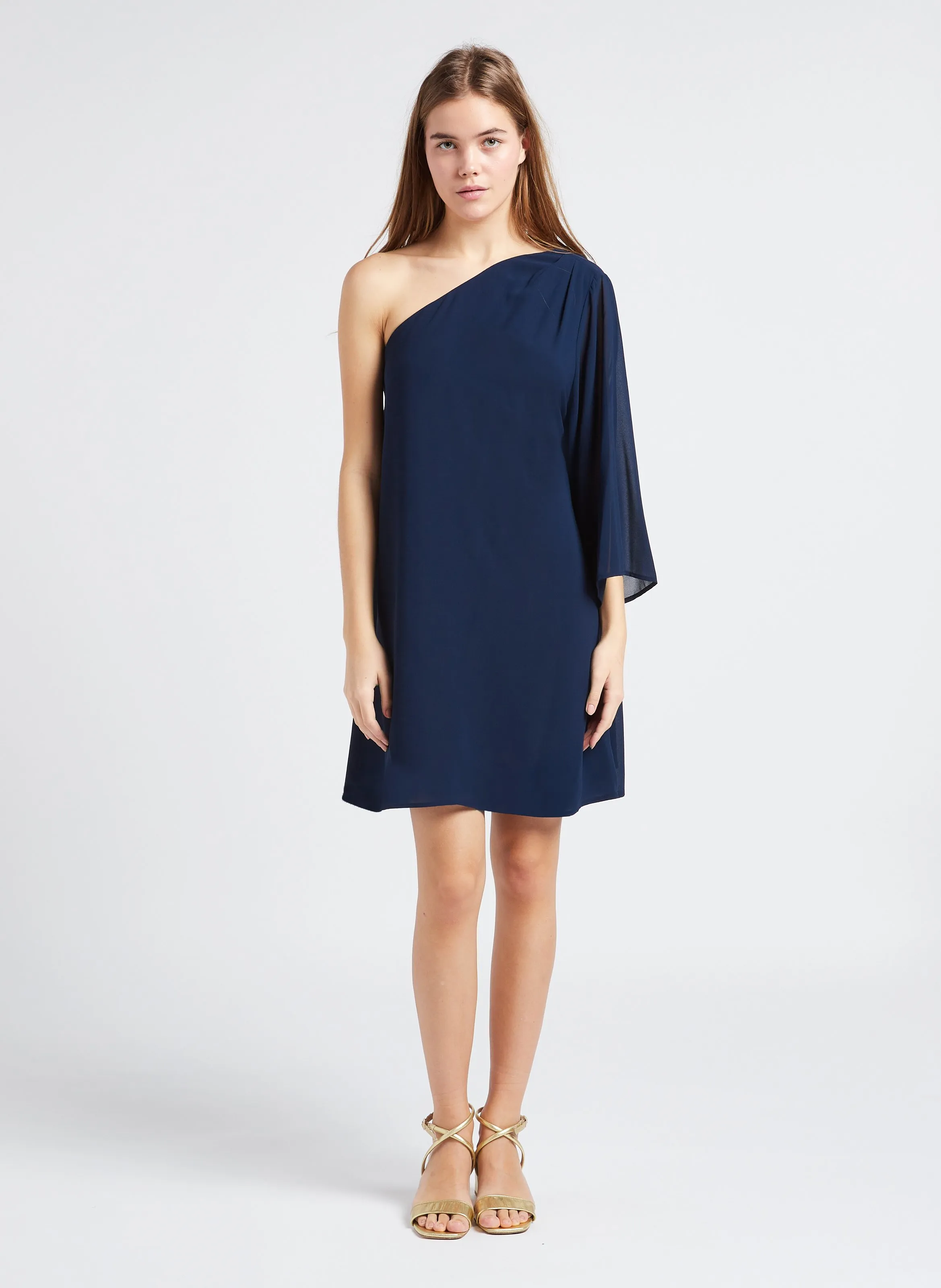 ASIA  VESTIDO CORTO RECTO DE MANGA LARGA EN AZUL