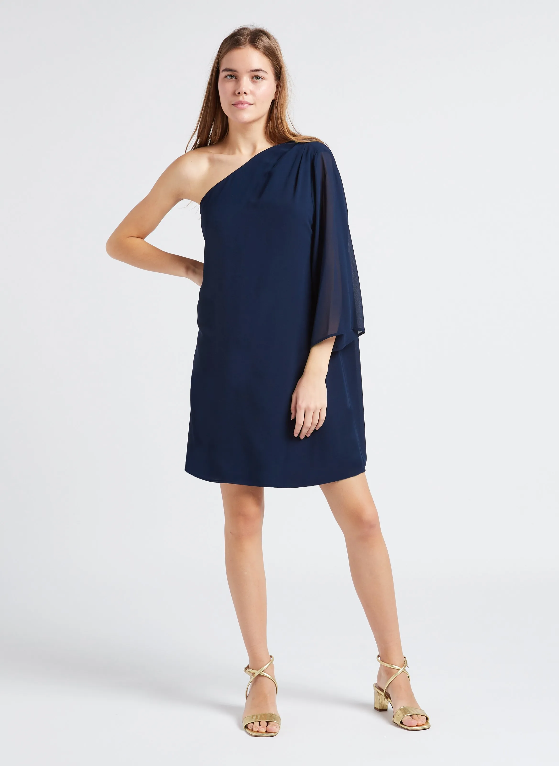 ASIA  VESTIDO CORTO RECTO DE MANGA LARGA EN AZUL