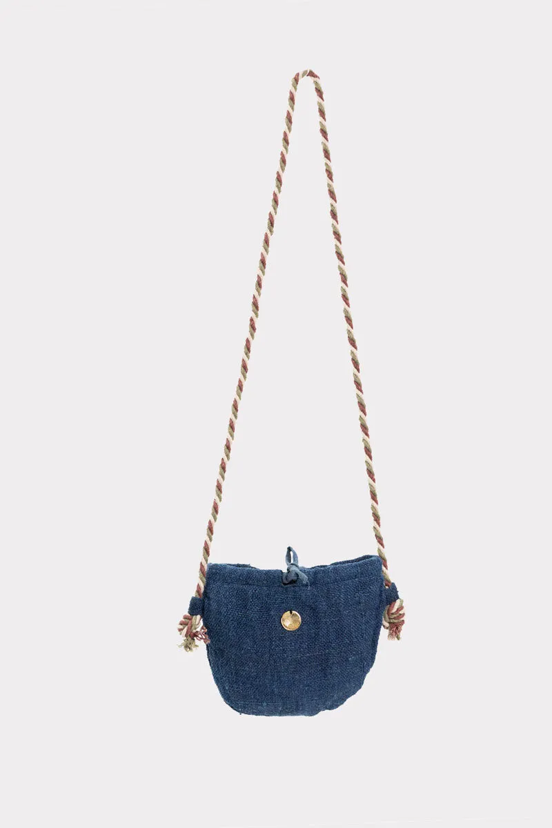 Bandolera media luna 100% cáñamo con cuerda hecha a mano color índigo