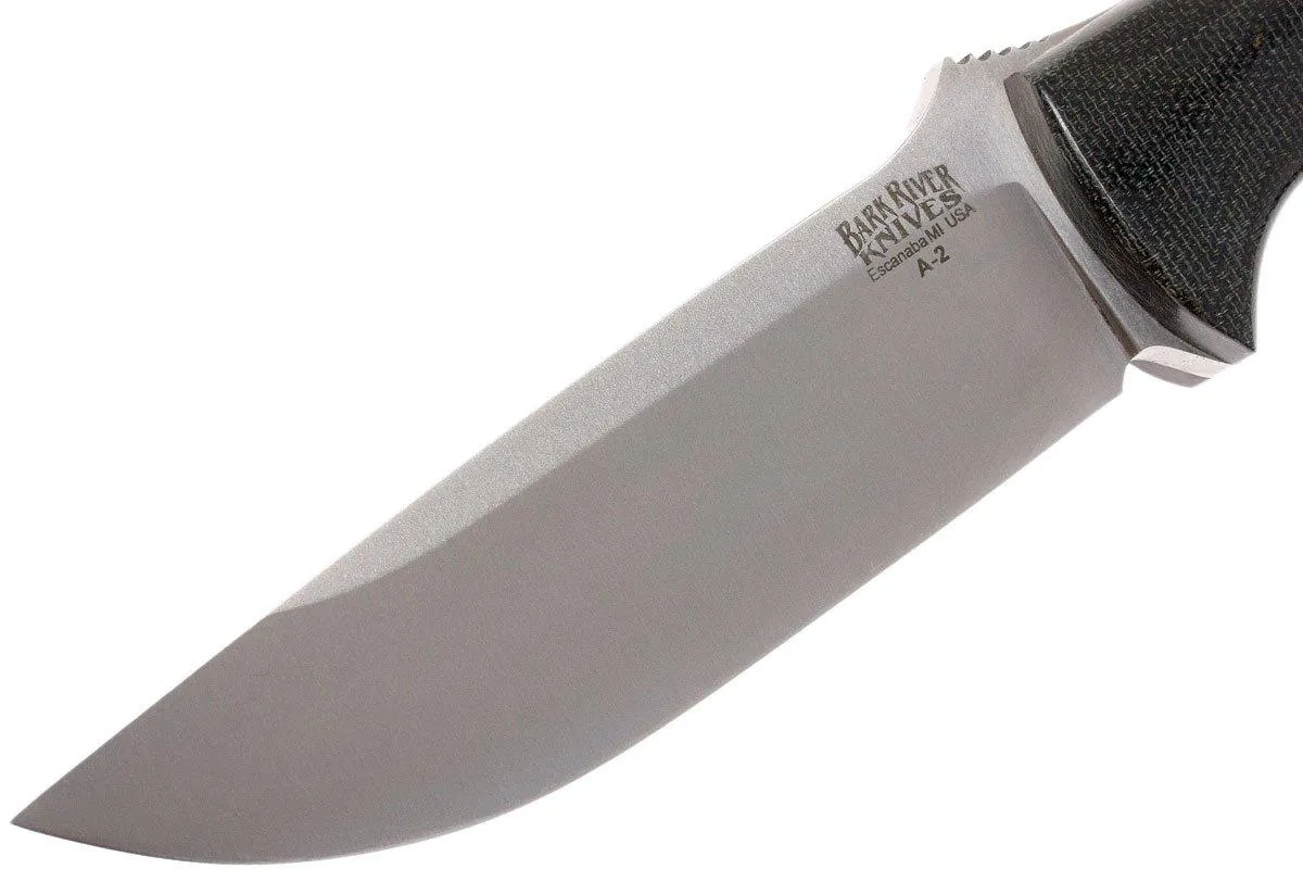 Bark River Bravo 1 A2, Black Canvas micarta, funda marrón