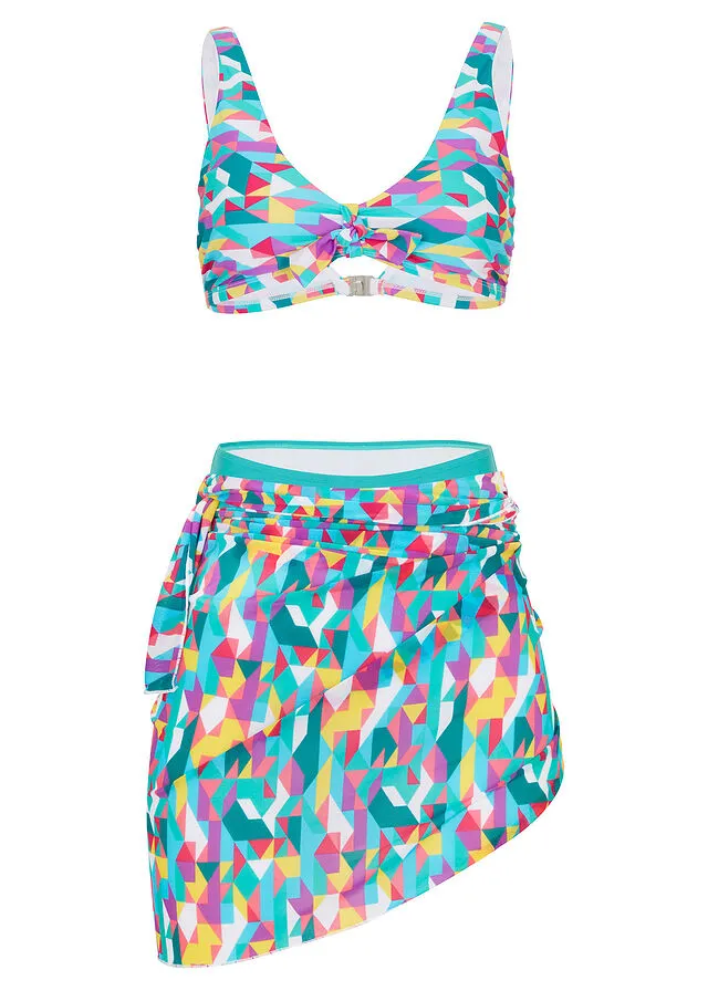 BIKINI Y BRAGUITA DE BAñO (CONJUNTO DE 3 PIEZAS) VERDE AZULADOAMARILLOLILA CON ESTAMPADO GRáFICO