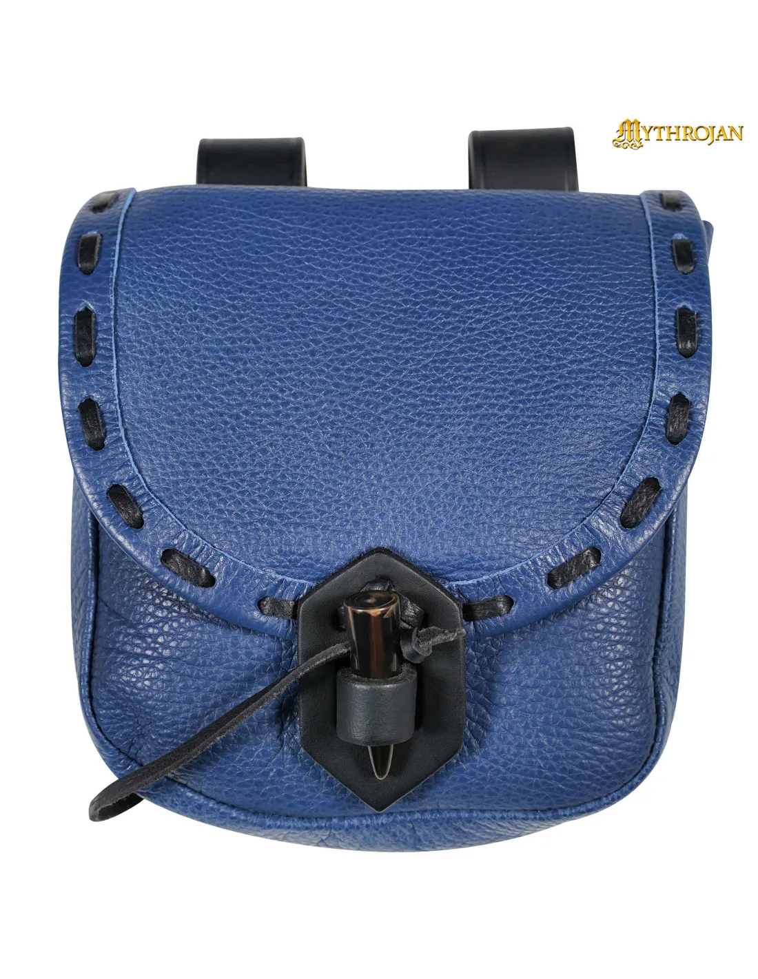 Bolso medieval en cuero azul con cierre de cuerno (20,3x17,7 cm.)