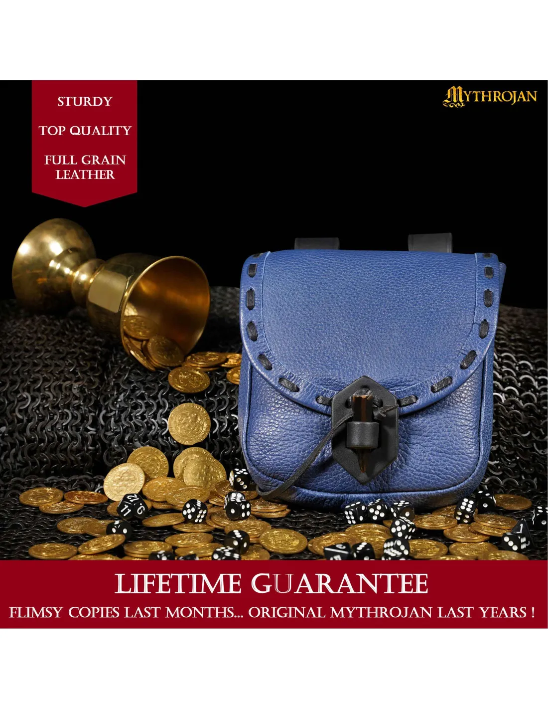 Bolso medieval en cuero azul con cierre de cuerno (20,3x17,7 cm.)
