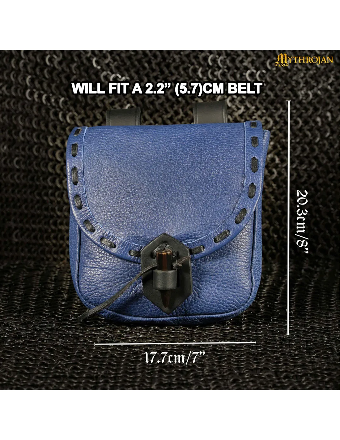 Bolso medieval en cuero azul con cierre de cuerno (20,3x17,7 cm.)