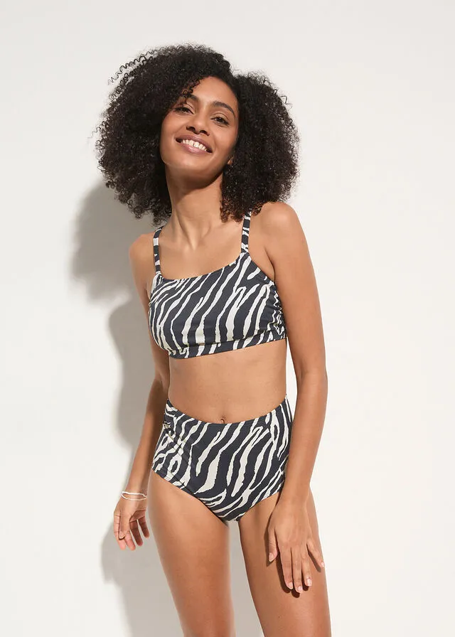 BRAGUITA DE BIKINI DE TIRO ALTO DE POLIAMIDA RECICLADA NEGROBEIGE CON ESTAMPADO DE CEBRA