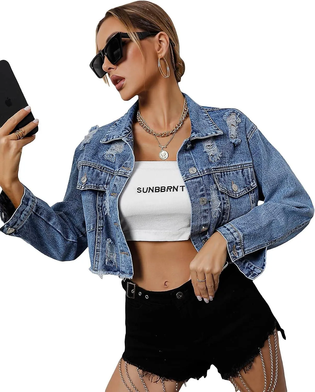 Button Front Ripped Crop Denim Jacket Coat