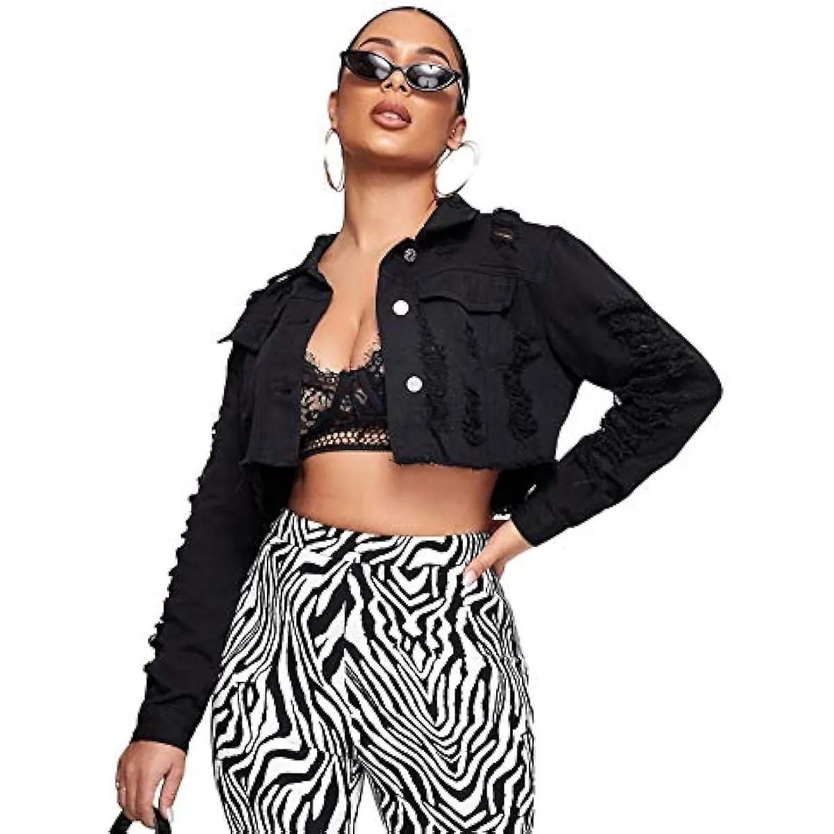 Button Front Ripped Crop Denim Jacket Coat