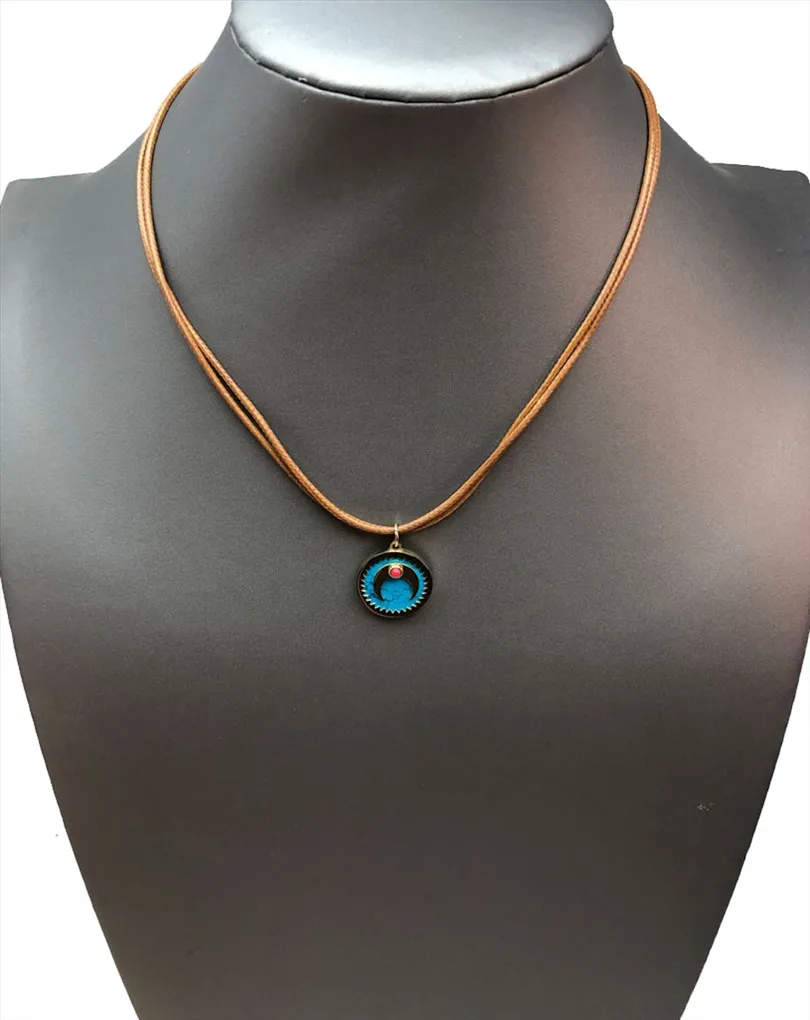 COLLARES AZULES DE MODA DE MUJER DE CUERO CON LUNA ACERO DORADO BISUTERIA FINA
