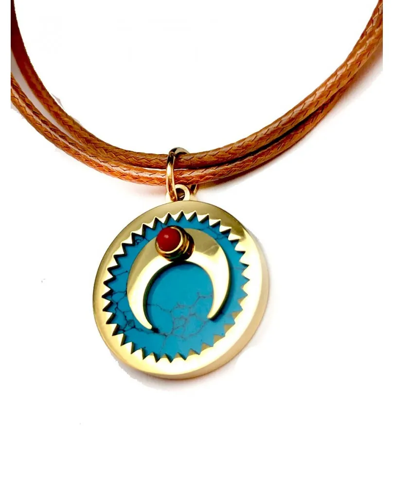 COLLARES AZULES DE MODA DE MUJER DE CUERO CON LUNA ACERO DORADO BISUTERIA FINA