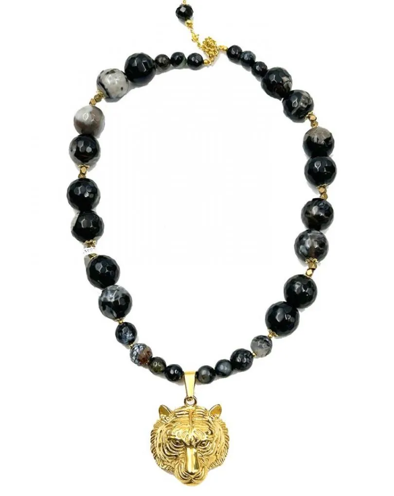 COLLARES DE PIEDRAS NEGRAS CON FABULOSO COLGANTE DE TIGRE