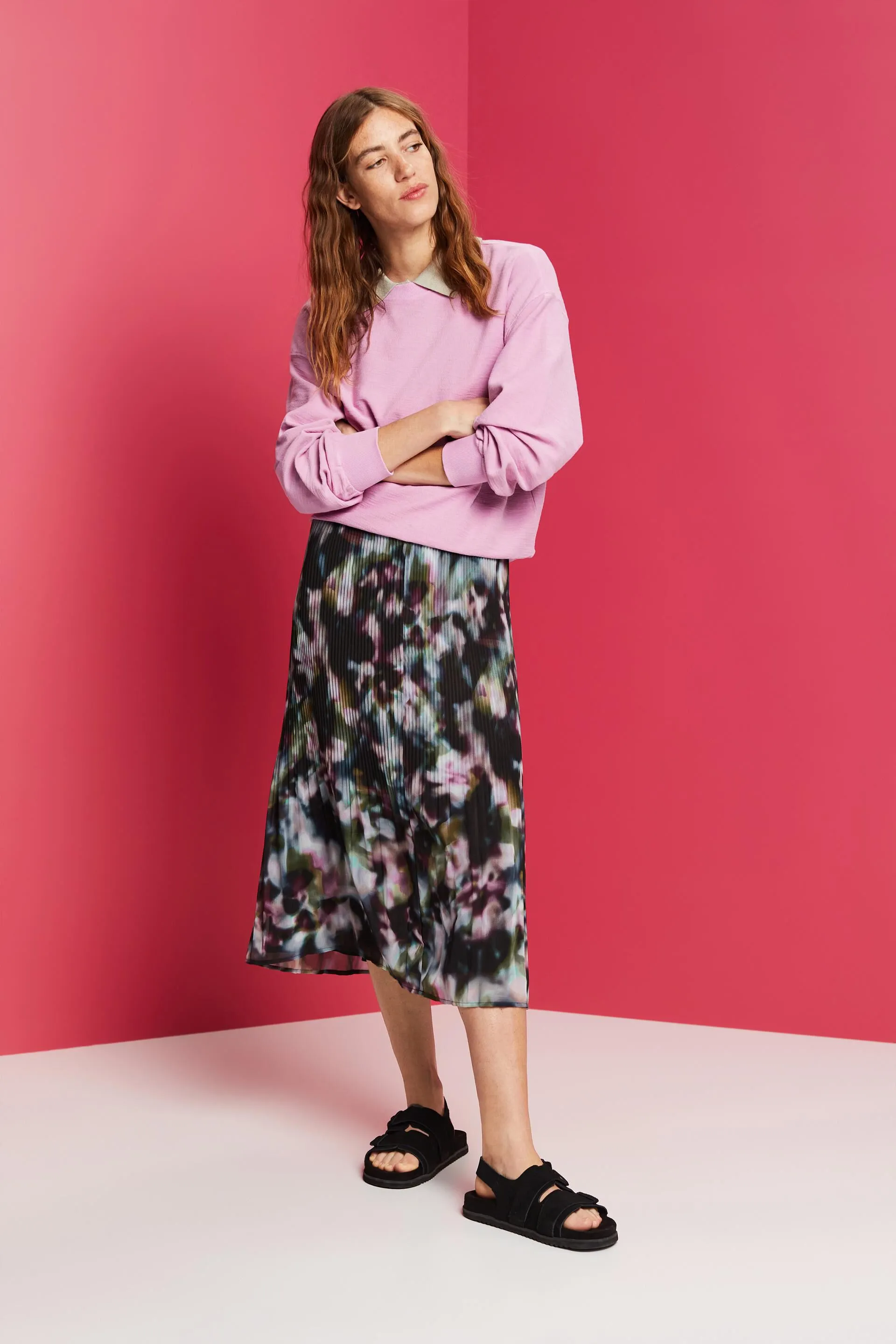 Falda midi de gasa plisada con estampado