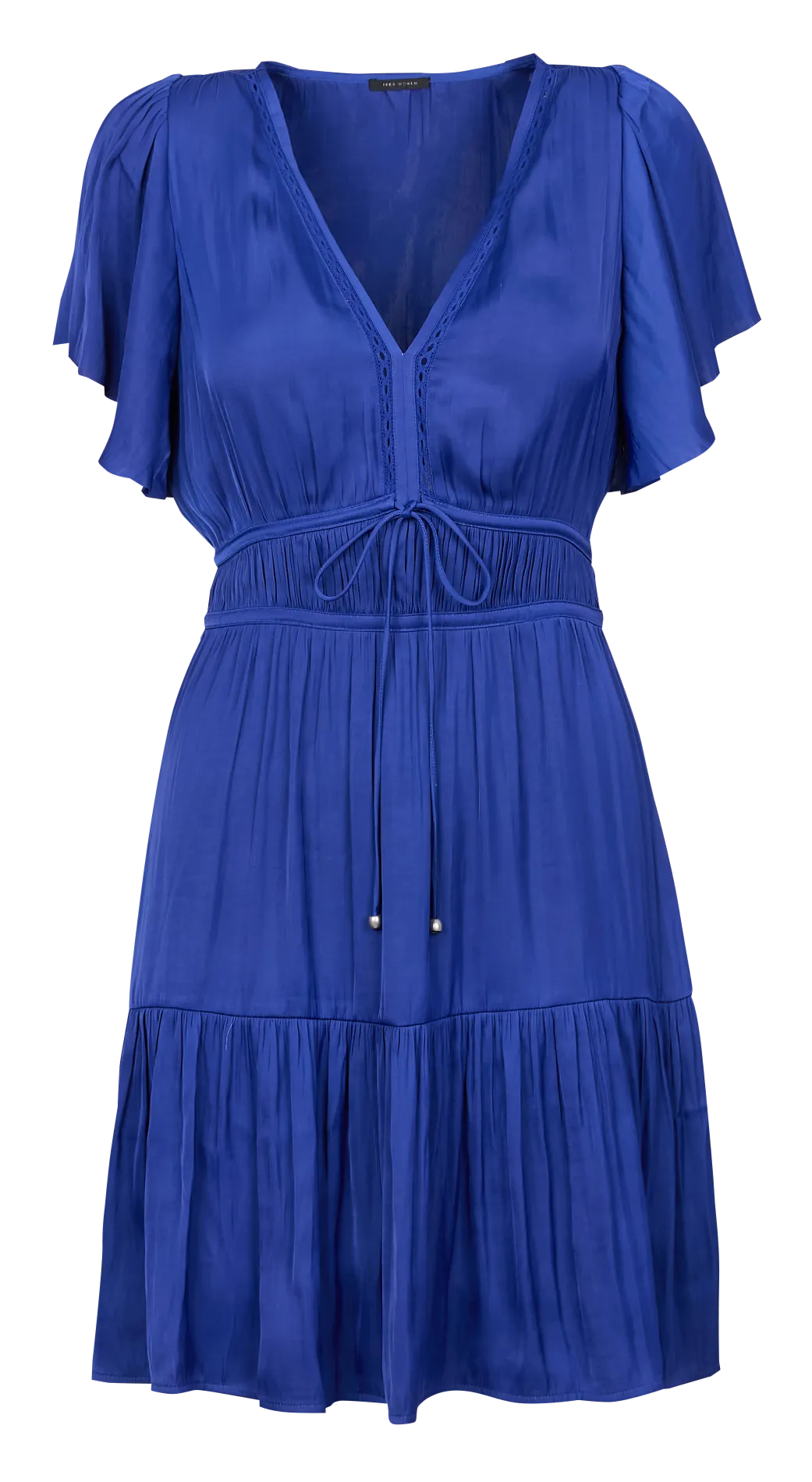 IKKS Vestido corto acampanado de satén con escote en V en azul