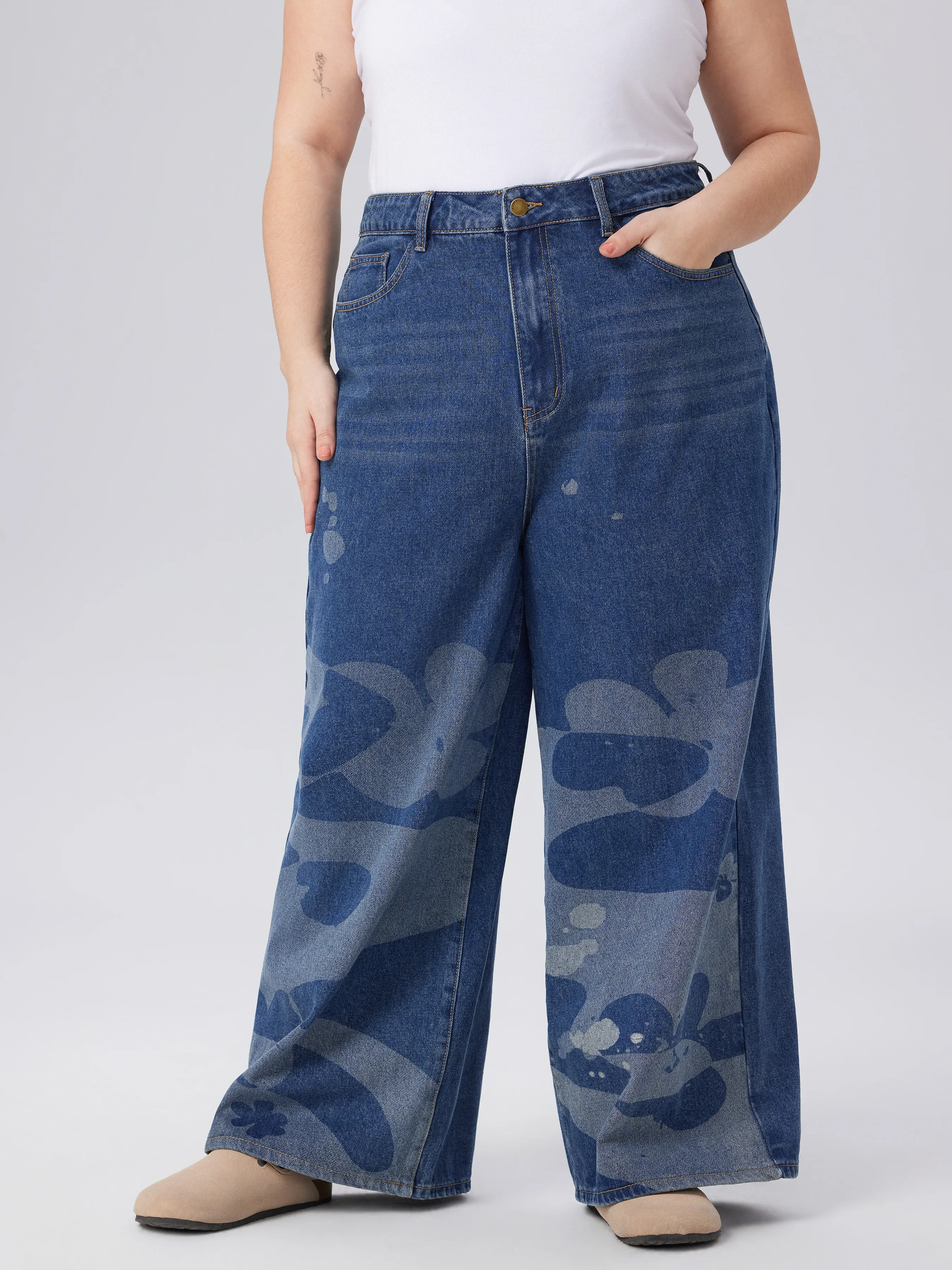  Jeans de pierna ancha con gráfico de colocación de cintura media de denim Curvy