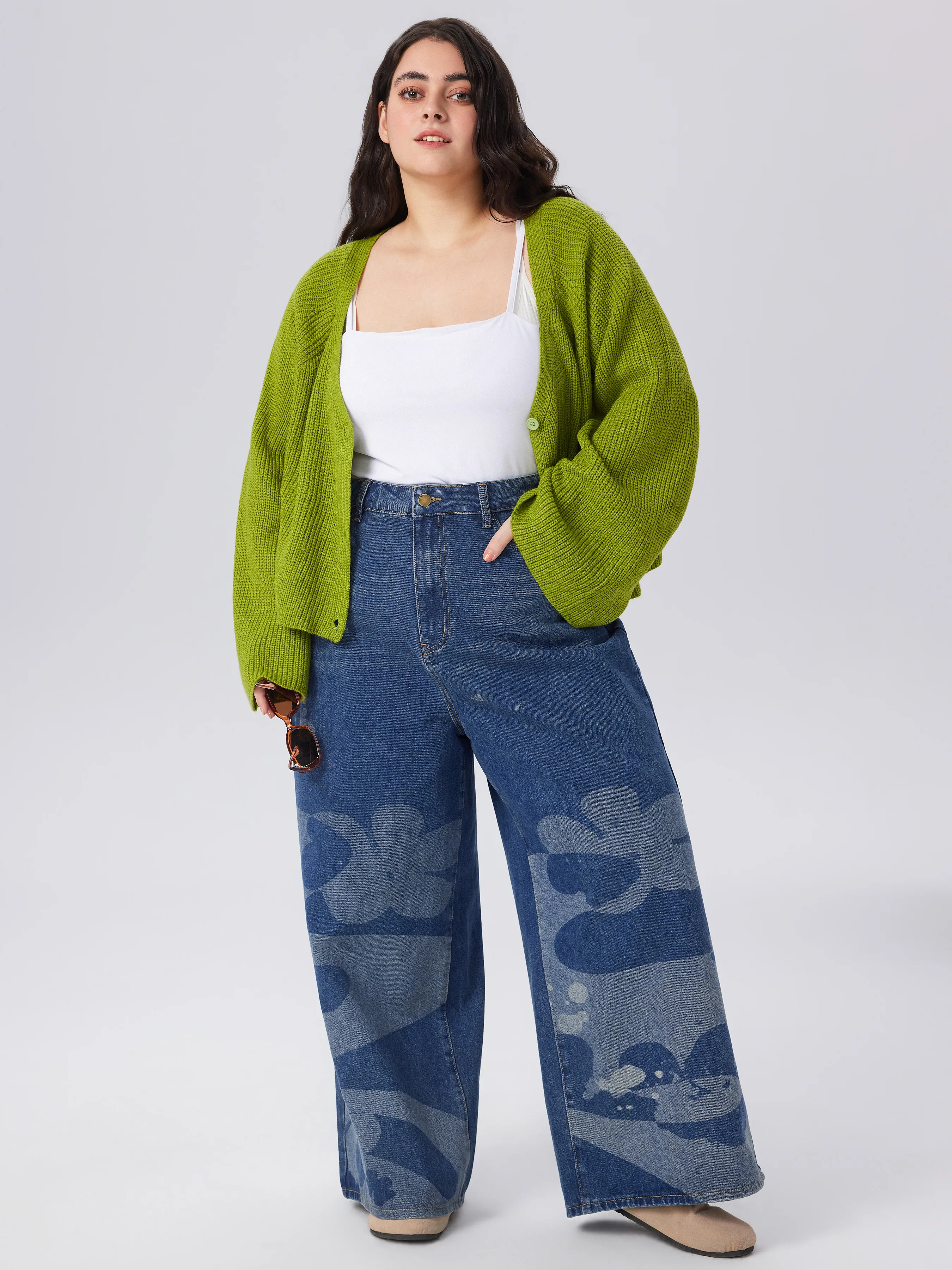  Jeans de pierna ancha con gráfico de colocación de cintura media de denim Curvy