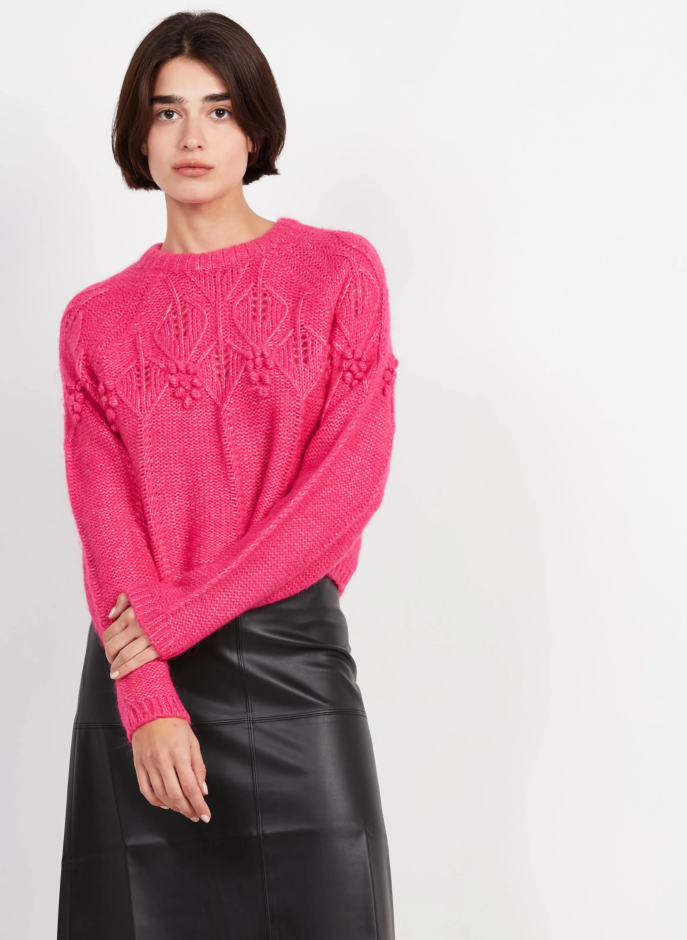 Jersey calado de mezcla de punto con cuello redondo en violeta