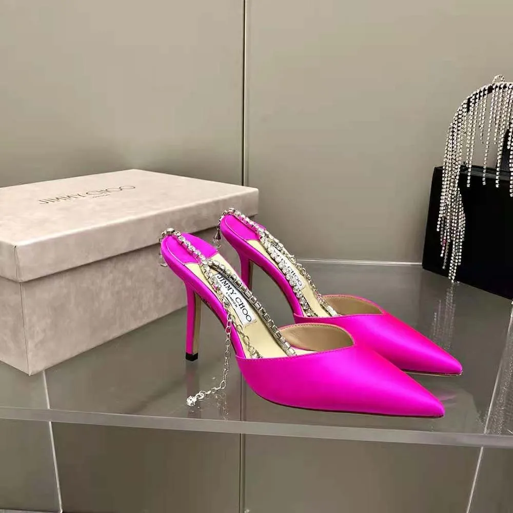 Jimmy Choo Mujer Saeda 100 Zapatos De Salón De Satén Fucsia Con Adornos De Cristal