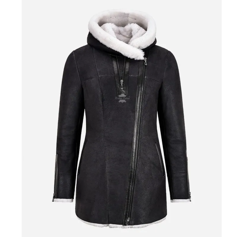 LADIES HOODED SHEEPSKIN JACKET LONG 3/4 LENGTH WITH REAL SHEARLING FUR LINING