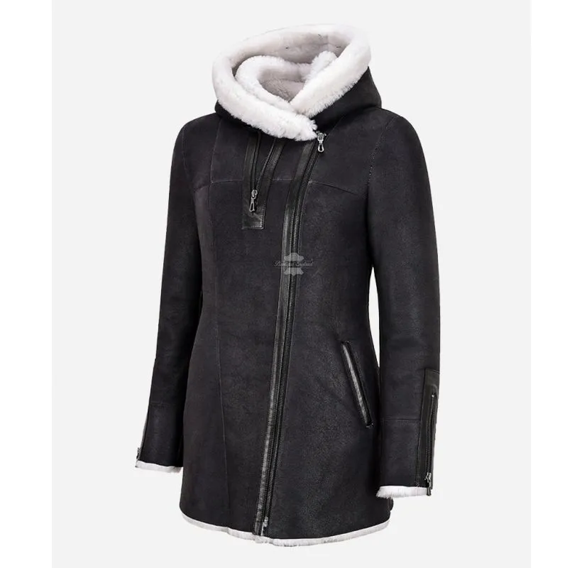 LADIES HOODED SHEEPSKIN JACKET LONG 3/4 LENGTH WITH REAL SHEARLING FUR LINING