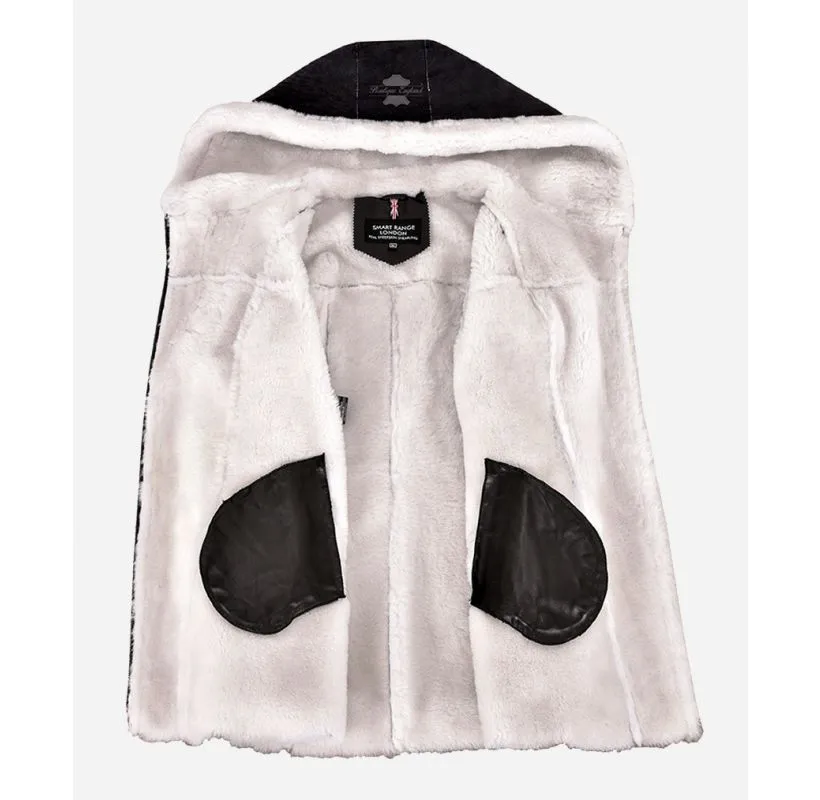 LADIES HOODED SHEEPSKIN JACKET LONG 3/4 LENGTH WITH REAL SHEARLING FUR LINING