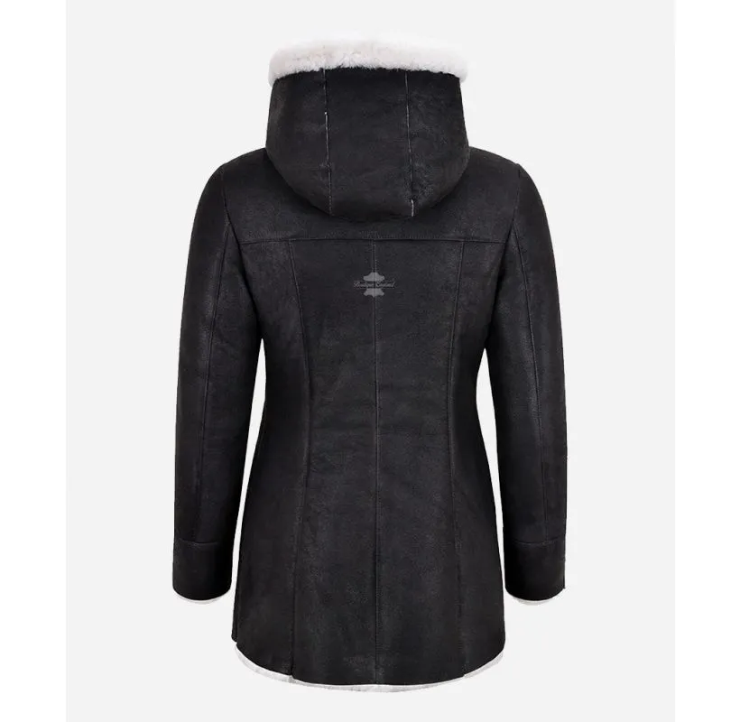 LADIES HOODED SHEEPSKIN JACKET LONG 3/4 LENGTH WITH REAL SHEARLING FUR LINING