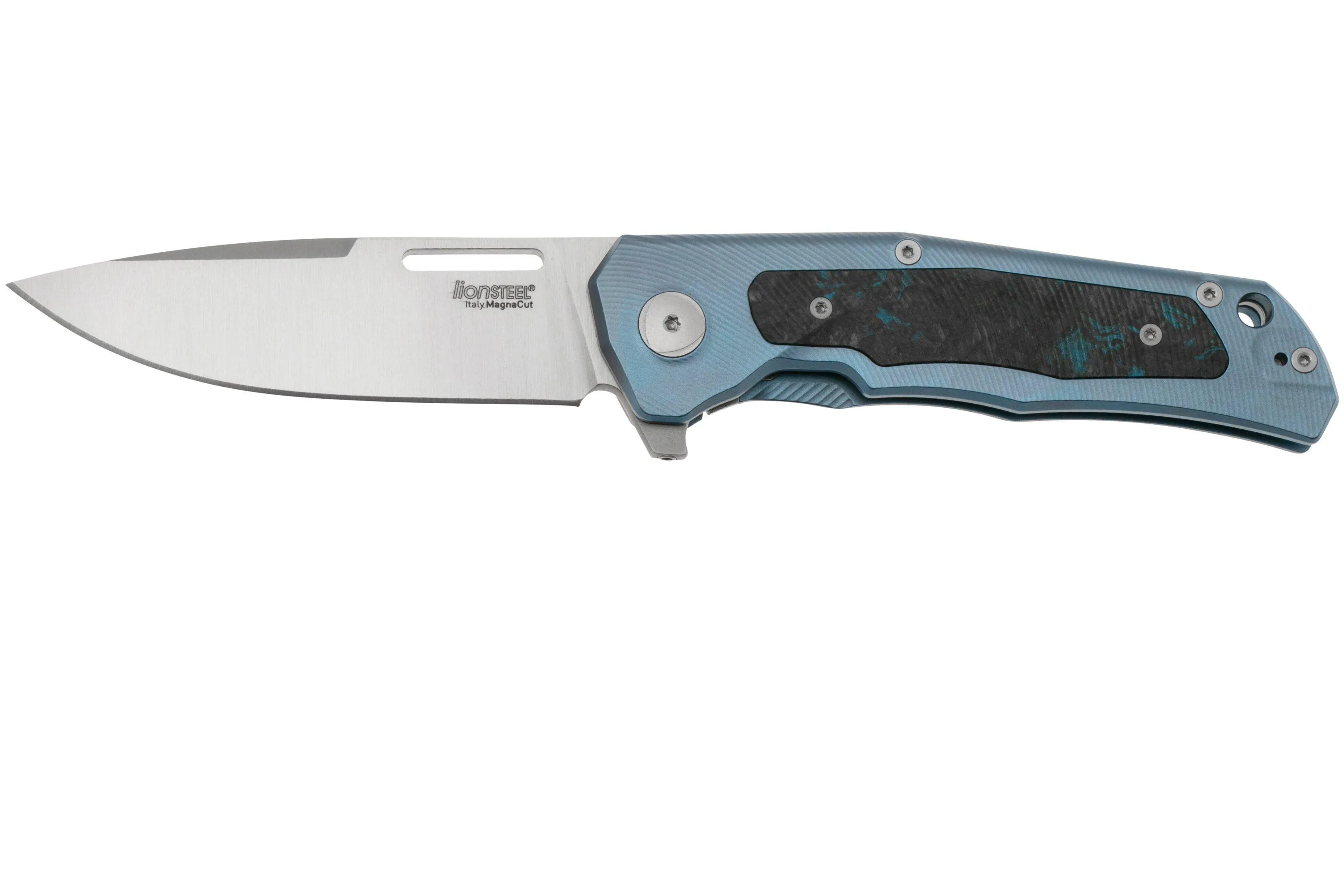 LionSteel Q4ttro, Satin MagnaCut, Blue Titanium Carbon Fiber Inlay, navaja, diseño de Michele Pensato