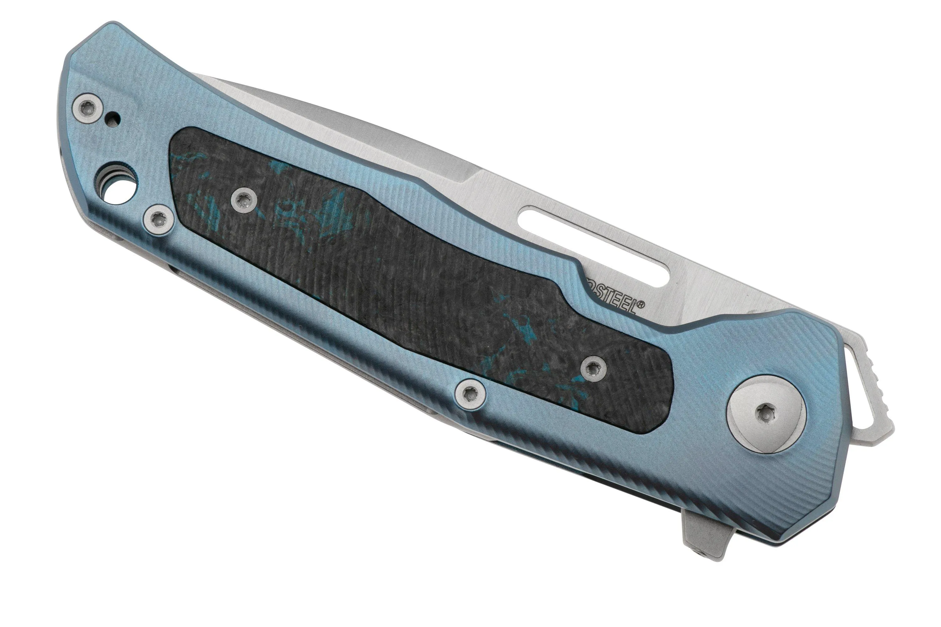 LionSteel Q4ttro, Satin MagnaCut, Blue Titanium Carbon Fiber Inlay, navaja, diseño de Michele Pensato