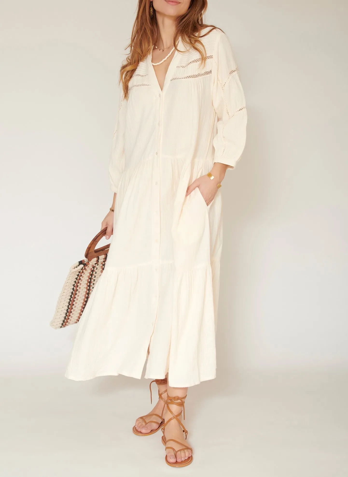 MKT RYTHON  VESTIDO LARGO DE ALGODóN CON CUELLO DE PICO EN BLANCO