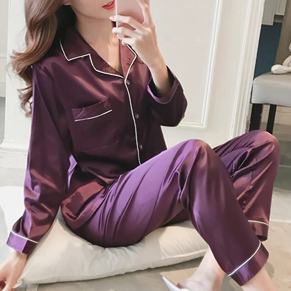 Mujeres Satin Seda Look Sleepwear Pijamas Manga Larga Juego de Ropa de Noche