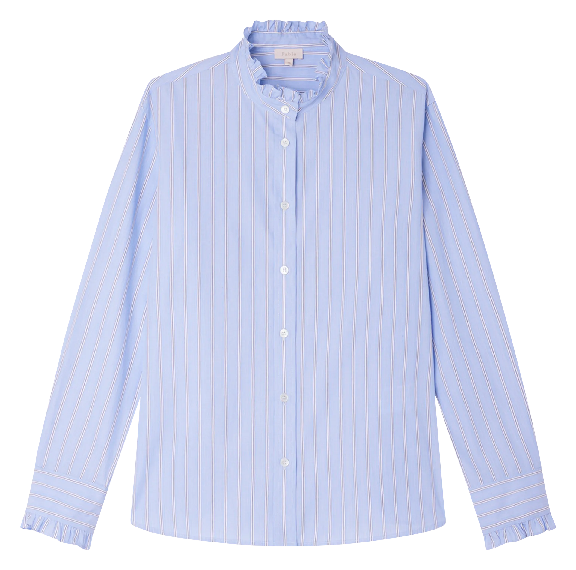 PABLO BAIDY  CAMISA DE RAYAS CON VOLANTES CHAMALLOW EN AZUL