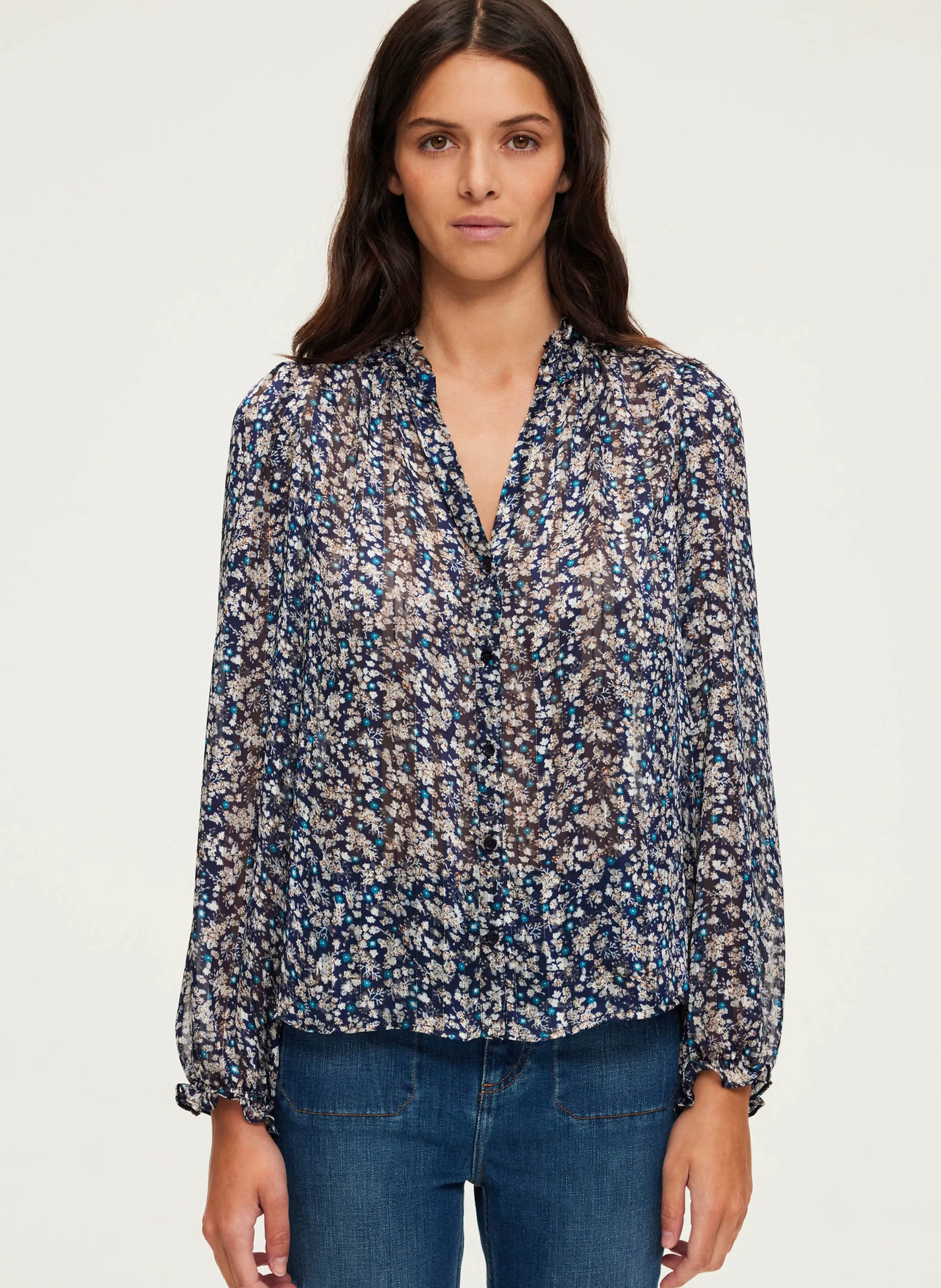 PABLO BELODIE  CAMISA RECTA ESTAMPADA CON VOLANTES EN AZUL