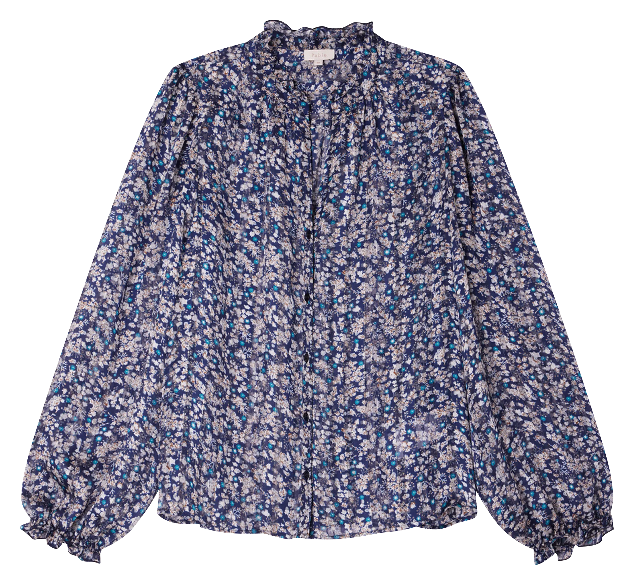 PABLO BELODIE  CAMISA RECTA ESTAMPADA CON VOLANTES EN AZUL