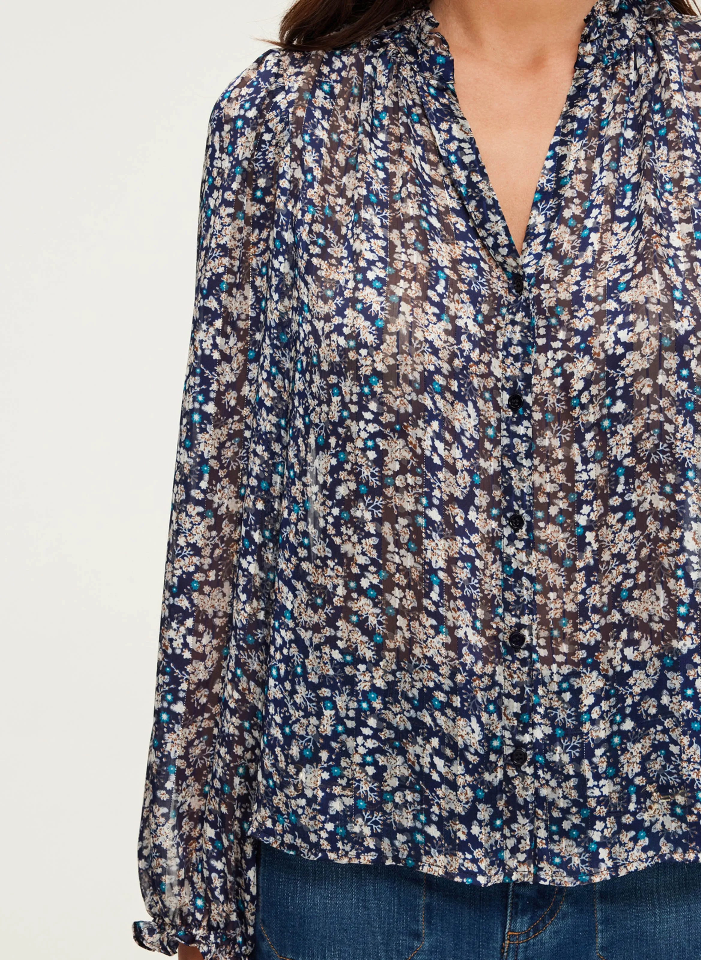PABLO BELODIE  CAMISA RECTA ESTAMPADA CON VOLANTES EN AZUL