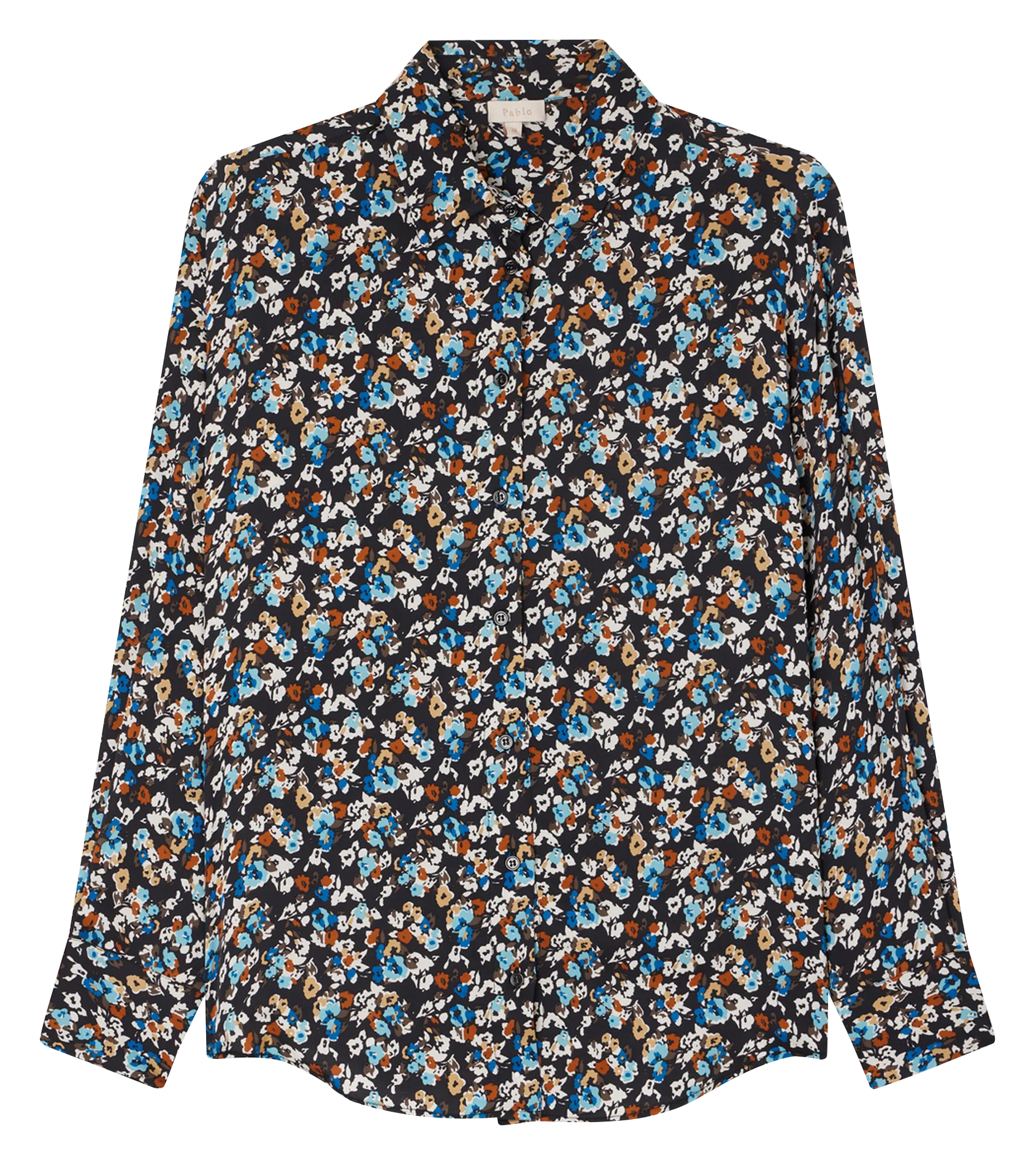 PABLO BERNICE  CAMISA DE SATéN CON ESTAMPADO FLORAL EN NEGRO