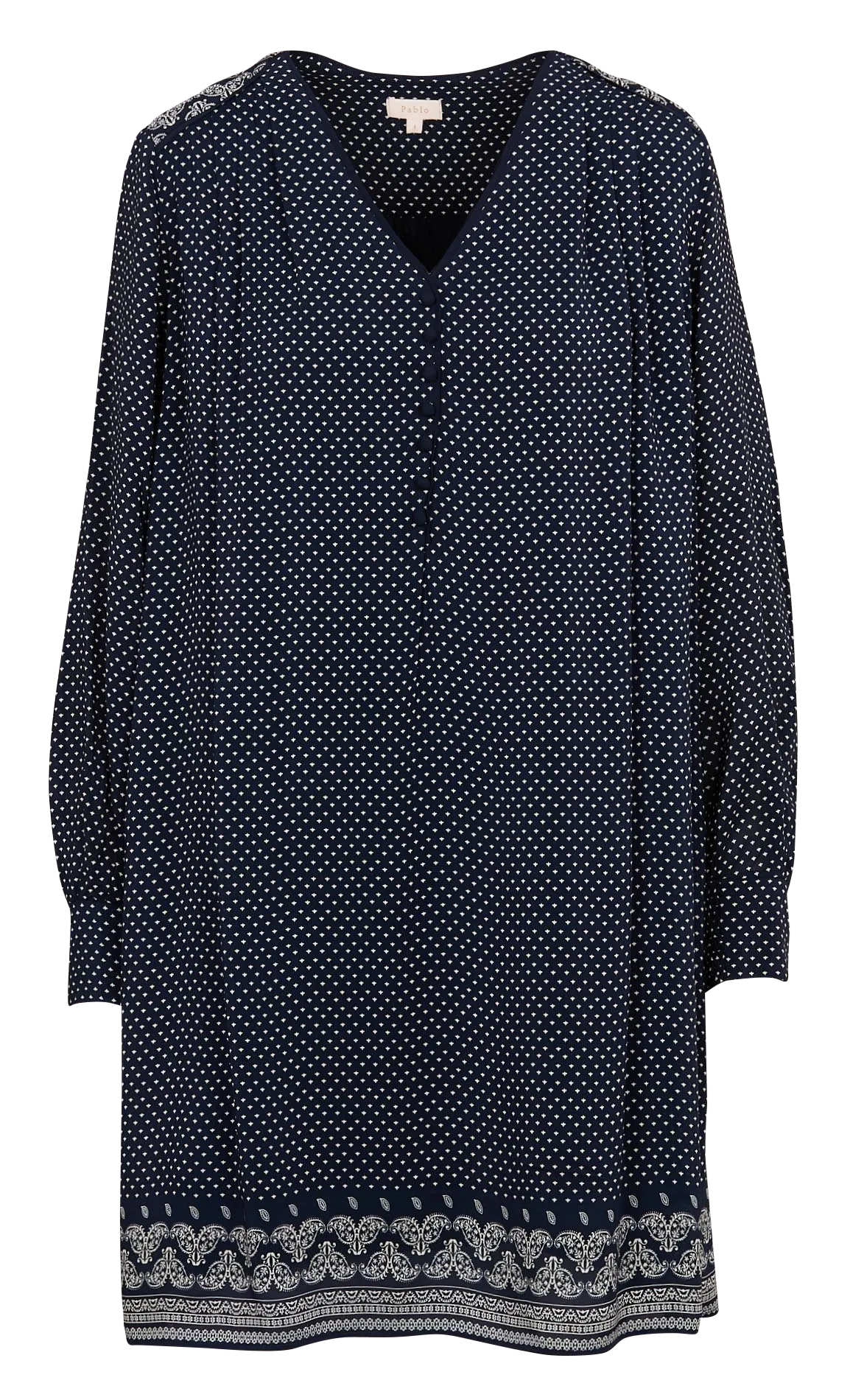 PABLO SOLANA  VESTIDO CORTO ESTAMPADO CON CUELLO DE PICO EN AZUL