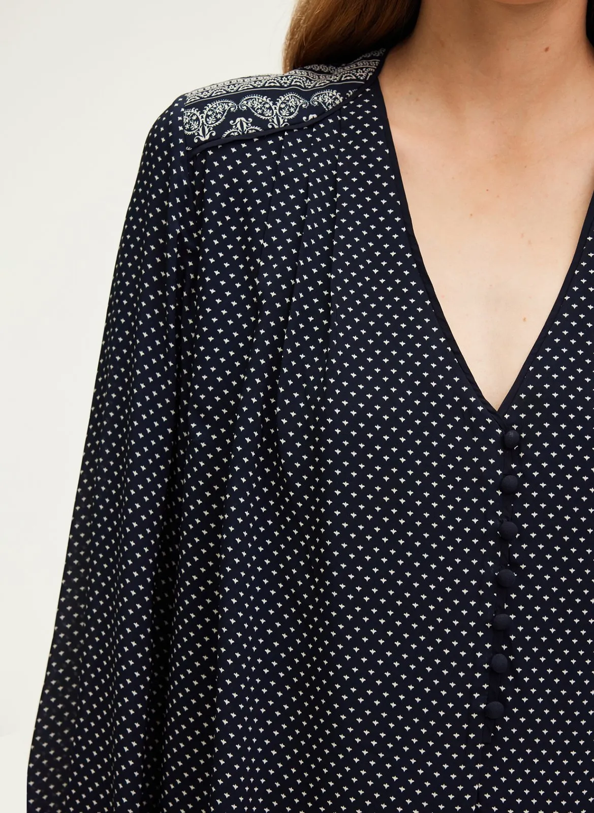 PABLO SOLANA  VESTIDO CORTO ESTAMPADO CON CUELLO DE PICO EN AZUL
