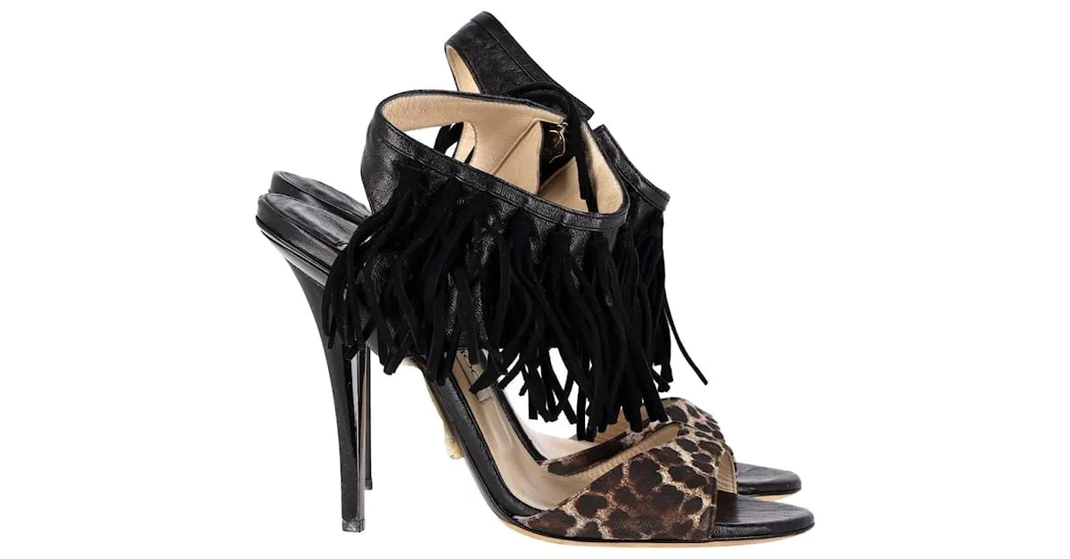 Sandalias con flecos y estampado de leopardo Jimmy Choo en cuero negro 