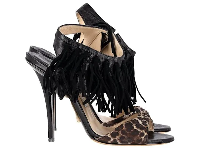 Sandalias con flecos y estampado de leopardo Jimmy Choo en cuero negro 