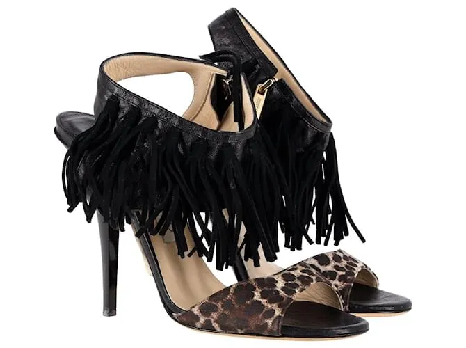 Sandalias con flecos y estampado de leopardo Jimmy Choo en cuero negro 