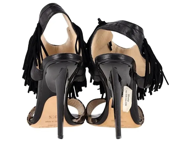 Sandalias con flecos y estampado de leopardo Jimmy Choo en cuero negro 