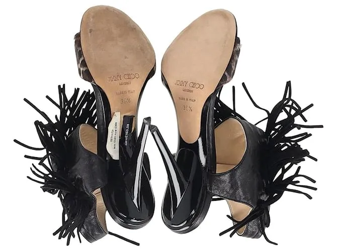 Sandalias con flecos y estampado de leopardo Jimmy Choo en cuero negro 