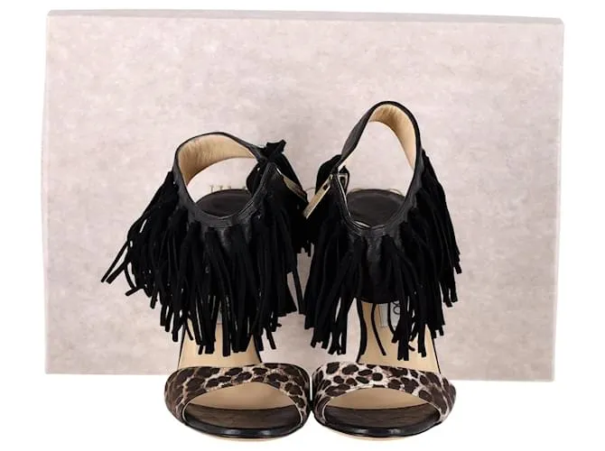 Sandalias con flecos y estampado de leopardo Jimmy Choo en cuero negro 