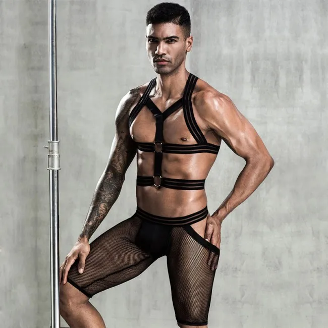 Sexy Elastic Shoulder Harness Strappy Short Mesh Underpants 2 Piece Set Underwear Jockstrap Breathable Men's Underwear Gay Bodys