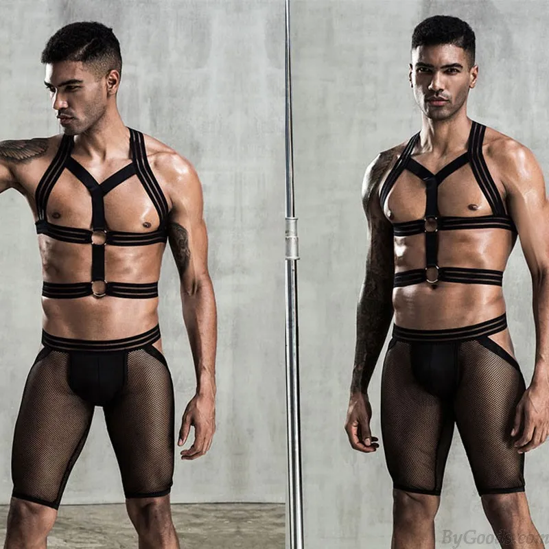 Sexy Elastic Shoulder Harness Strappy Short Mesh Underpants 2 Piece Set Underwear Jockstrap Breathable Men's Underwear Gay Bodys
