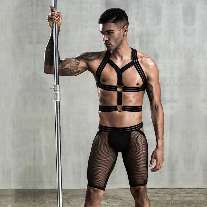 Sexy Elastic Shoulder Harness Strappy Short Mesh Underpants 2 Piece Set Underwear Jockstrap Breathable Men's Underwear Gay Bodys